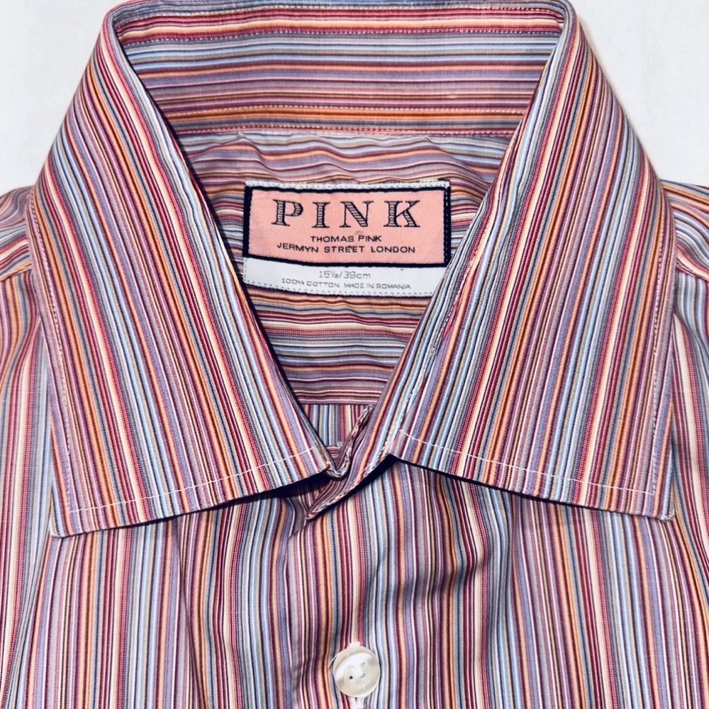 Thomas Pink Mens Shirt Cotton Multicolor Striped Button Up Made in Romania 15.5 - Picture 2 of 7